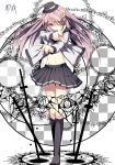  1girl alternate_costume black_legwear checkered checkered_background circle crescent footwear foreshortening gingami hat midriff nagomi_no_ame navel patchouli_knowledge pleated_skirt purple_eyes purple_hair shirt skirt socks solo standing tiles touhou violet_eyes wink 