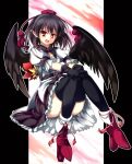  adapted_costume black_dress black_hair black_legwear black_wings censored convenient_censoring convenient_leg dress fang fuupu geta hands_on_knees hat highres open_mouth pointy_ears red_eyes shameimaru_aya smile solo tengu-geta thigh-highs thighhighs touhou upskirt white_dress wings 