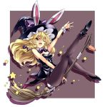  :d animal_ears black_legwear blonde_hair bow braid broom bunny_ears bunny_girl bunny_tail bunnysuit carrot hair_bow hat high_heels kirisame_marisa open_mouth outstretched_arm pantyhose shoes simple_background smile solo star tail touhou touya_(the-moon) wink witch witch_hat wrist_cuffs yellow_eyes 