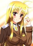  badge bardiche blonde_hair blush diesel-turbo fate_testarossa long_hair lyrical_nanoha mahou_shoujo_lyrical_nanoha military military_uniform red_eyes smile solo uniform 