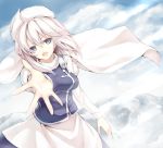  abeshi_shoushou beckoning blue_eyes cloud clouds hat large_breasts lavender_hair letty_whiterock long_sleeves mountain open_mouth outstretched_hand pink_hair short_hair sky smile solo takemori_shintarou touhou white_hair 