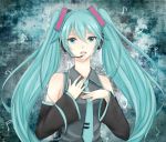  aqua_eyes aqua_hair bad_id detached_sleeves hand_to_chest hands_on_own_chest hatsune_miku headset long_hair musical_note necktie open_mouth solo tears twintails very_long_hair vocaloid yukichi_(rengeron) 