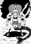  asymmetrical_clothing black_legwear cape dual_wielding fish_tail fusion gauntlets karu_(ishiken) kneehighs mahou_shoujo_madoka_magica miki_sayaka monochrome monster_girl navel oktavia_von_seckendorff scarf short_hair spoilers sword weapon 