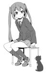  bench cat k-on! long_hair monochrome nakano_azusa nisetabi school_uniform sitting twintails 
