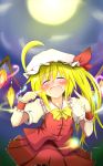  ascot blonde_hair blush bow closed_eyes dress eyes_closed fang flandre_scarlet happy hat highres open_mouth pointing ponytail red_eyes rindou_(p41neko) short_hair side_ponytail solo touhou wings wrist_cuffs 