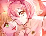  2girls blonde_hair bow breasts cleavage curtains hair_bow idolmaster idolmaster_cinderella_girls jougasaki_mika jougasaki_rika multiple_girls open_mouth picture_frame pink_hair short_hair short_sleeves siblings sisters window wink yellow_eyes yuura 