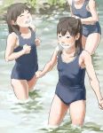  3girls breath brown_hair clenched_teeth closed_eyes cold flat_chest long_hair multiple_girls one-piece_swimsuit open_mouth original school_swimsuit swimsuit tnt_(aaaazzzz) twintails wading water 
