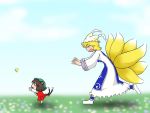  ^_^ animal_ears blonde_hair blue_sky brown_hair butterfly cat_ears cat_tail chasing chen closed_eyes dress eyes_closed flower_field fox_tail hat minigirl multiple_girls multiple_tails o_o open_mouth peke4 red_dress sky tail touhou white_dress yakumo_ran 
