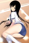  ass black_hair blue_eyes blush breasts buruma court gym_uniform iwato_kasumi long_hair saki smile solo uiui_(umegayu) 