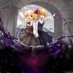  2girls blonde_hair blouse darkness ex-rumia fang long_hair multiple_girls murani necktie open_mouth red_eyes ribbon rumia short_hair skirt touhou vest 