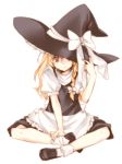  akr_et apron black_dress blonde_hair bow braid brown_eyes dress hair_bow hat hat_over_one_eye hat_ribbon kirisame_marisa long_hair ribbon short_sleeves simple_background sitting smile solo touhou witch witch_hat 