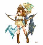  1girl 2c armor arrow belt blue_eyes boots bow_(weapon) brown_hair glaceon hat leafeon long_hair original pokemon pokemon_(creature) simple_background solo umbreon weapon white_background 