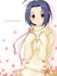  ahoge bad_id blue_hair blush bow breasts flower hair_flower hair_ornament hands_on_own_chest hands_to_chest idolmaster miura_azusa punto red_eyes ribbon short_hair sleeves_past_wrists smile solo sweater 