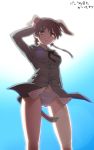  bad_id brown_eyes brown_hair dog_ears from_below gertrud_barkhorn glowing glowing_eyes hair_ribbon hand_on_head lens_flare looking_down military military_uniform no_pants panties ribbon sky solo strike_witches tail translated twintails underwear uniform yunicoco_(coco-demmy) 