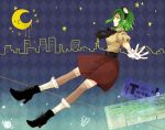  artist_request boots cityscape crescent_moon gloves green_eyes green_hair gumi necktie night_sky open_mouth planet skirt solo source_request stars vocaloid 