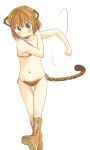  animal_ears arm_swinging bikini boots brown_hair cat_ears face hand_on_own_shoulder hand_on_shoulder leopard_print navel original short_hair simple_background solo stretch swimsuit tail walking yellow_eyes yudepii yuderupii 