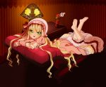  barefoot blonde_hair blunt_bangs candy chair dress edalie feet frills gosick green_eyes hat lamp leg_lift long_hair looking_at_viewer nightstand on_stomach open_mouth solo squirrel vase very_long_hair victorica_de_blois wavy_hair 