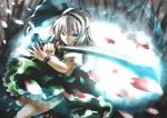  blue_eyes bow gibuchoko hairband high_res highres katana konpaku_youmu konpaku_youmu_(ghost) petals serious short_hair silver_hair skirt solo sword touhou weapon white_hair 