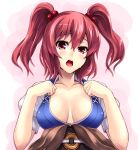  arms_up asu_hare belt blue_dress blush breasts breasts_apart bust cleavage coin collarbone dress face hair_bobbles hair_ornament highres large_breasts looking_at_viewer onozuka_komachi open_mouth red_eyes simple_background solo sweat touhou twintails 