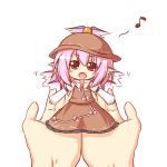  :d animal_ears blush_stickers brown_dress brown_eyes chibi dress hands hat in_palm kohsan_ kousa_(black_tea) minigirl musical_note mystia_lorelei open_mouth outstretched_arms pink_hair short_hair singing smile solo standing touhou wings 