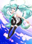  aqua_hair blue_eyes boots cloud clouds ginshachi hatsune_miku highres long_hair necktie open_mouth skirt sky solo thigh-highs thigh_boots thighhighs twintails very_long_hair vocaloid 