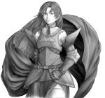  armor idolmaster kisaragi_chihaya long_hair monochrome simple_background solo thigh-highs thighhighs yorimitsu 