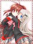  blue_eyes brown_hair chibinon hug little_busters!! long_hair natsume_rin noumi_kudryavka panties pantyshot ponytail red_eyes school_uniform underwear wink 