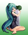  aqua_eyes aqua_hair barefoot blush breasts feet hatsune_miku hitosashiyubi kneeling long_hair open_mouth panties pillow sitting solo spring_onion striped striped_panties themed_object twintails underwear very_long_hair vocaloid 