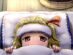  1girl blanket blonde_hair blush commentary_request futon hair_ribbon looking_at_viewer pillow red_eyes ribbon rumia shirosato sick solo sweat tatami touhou towel towel_on_head 