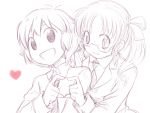  blush ds_(artist) glasses heart heart_hands heart_hands_duo kanbara_satomi monochrome multiple_girls open_mouth saki senoo_kaori short_hair side_ponytail smile 