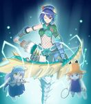  animalization armor blue_hair bow_(weapon) breasts capcom cat felyne fishnets gradient_hair h-new hat jhen_mohran jhen_mohran_(armor) jinouga_(armor) kochiya_sanae midriff monster_hunter monster_hunter_portable_3rd moriya_suwako multicolored_hair nargacuga_(armor) naruga_(armor) navel touhou underboob weapon yasaka_kanako 