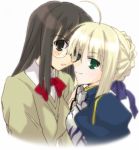  armor artist_request black_eyes black_hair blonde_hair blush bow dress fate/prototype fate/stay_night fate_(series) glasses green_eyes hair_ribbon ribbon saber sajou_ayaka sajyou_ayaka school_uniform yuri 