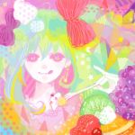  :p abstract bow copyright_request drawr dress earrings food fork fruit grapes green_hair jewelry kiwi kiwifruit long_hair nail_polish original pink_eyes ribbon smile solo strawberry 