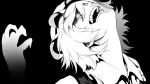  arm_up bad_id flandre_scarlet head_tilt monochrome open_mouth rby sharp_teeth shikihara_mitabi short_hair smile solo the_embodiment_of_scarlet_devil touhou 