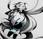  aqua_eyes bad_id elbow_gloves gloves glowing glowing_eyes hatsune_miku headphones long_hair manbou_no_ane monochrome necktie open_mouth singing skirt solo spot_color thigh-highs thighhighs twintails very_long_hair vocaloid zettai_ryouiki 