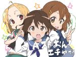  a_channel ahoge crossover forehead hair_chewing hair_in_mouth hirasawa_yui k-on! kagaryu miyafuji_yoshika momoki_run multiple_girls run_(a_channel) sailor school_uniform serafuku strike_witches 