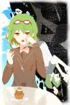  blue_eyes brown_eyes clouds crying cupcake dual_persona fork goggles green_hair gumi knife mosaic_roll_(vocaloid) open_mouth scissors sky tears vocaloid yowamushi_mont-blanc_(vocaloid) yuutera_miko 