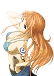  belt bikini_top blue_eyes breasts cleavage collarbone from_above highres jeans large_breasts long_hair map nami one_piece orange_hair red_hair redhead sagatsune smile solo standing strap_gap tattoo 