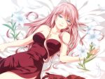  blue_eyes breasts cleavage dress flower jewelry jyuru long_hair lying megurine_luka necklace petals pink_hair red_dress smile solo vocaloid 