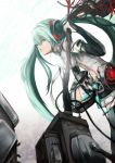  aqua_eyes aqua_hair belt bridal_gauntlets cable clenched_teeth elbow_gloves fingerless_gloves gloves hatsune_miku hatsune_miku_(append) highres hitosashiyubi long_hair miku_append navel necktie solo thigh-highs thighhighs twintails very_long_hair vocaloid vocaloid_append zettai_ryouiki 