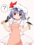  ? apron blue_hair blush checkered checkered_background dress hat highres ladle lavender_hair nanana_(chicken_union) pink_dress red_eyes remilia_scarlet short_hair solo spatula touhou wings 