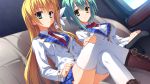  2girls blonde_hair game_cg green_hair kanemoto_akari kobuichi muririn noble_works seifuku thigh-highs thighhighs tsukiyama_sena 