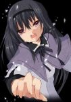  aiharafu akemi_homura black_hair capelet fingernails hairband highres long_hair looking_at_viewer magical_girl mahou_shoujo_madoka_magica open_mouth outstretched_hand purple_eyes ribbon simple_background solo tears violet_eyes 
