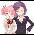  age_difference bow breasts cleavage hair_bow hair_ribbon hand_on_hip jyon kaname_junko kaname_madoka letterboxed mahou_shoujo_madoka_magica mother_and_daughter pink_eyes pink_hair puffy_sleeves purple_hair ribbon school_uniform short_hair short_twintails smile twintails 