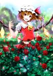  1girl ascot blonde_hair field flandre_scarlet flower flower_field glowing glowing_wings hat hat_ribbon henet_hene looking_at_viewer midriff open_mouth puffy_sleeves red_eyes red_rose ribbon rose shirt short_sleeves side_ponytail skirt skirt_set smile solo touhou vest wings 