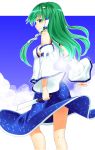  back blue_eyes blush breasts cloud clouds frog green_hair hair_tubes highres kochiya_sanae long_hair no_bra skirt snake solo tel touhou 