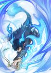  ao_no_exorcist black_hair blue_eyes fire flame male okumura_rin open_mouth pointy_ears scabbard sheath smile sword tail weapon 