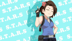  1girl anger_vein azumanga_daioh blue_shirt brown_hair caipirinha_(meme) closed_eyes fingerless_gloves gloves jewelry jill_valentine meme nagare necklace resident_evil resident_evil_3:_nemesis resident_evil_3_(remake) shirt short_hair speech_bubble 