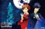  blue_eyes blue_hair brown_hair card digital_media_player female_protagonist_(p3) female_protagonist_(persona_3) hair_ornament hairpin headphones highres holding holding_card megaten official_art persona persona_3 persona_3_portable red_eyes school_uniform seifuku smile soejima_shigenori wallpaper 