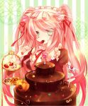  1girl cake cake_decoration carriage checkerboard_cookie chocolate chocolate_cake cookie food food_themed_clothes fruit ibara_riato lolita_fashion pink_hair solo strawberry sweets twintails waffle 